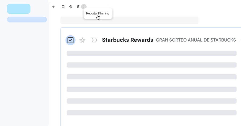 Representación de la bandeja de entrada de un usuario con el botón de reporte de Phishing