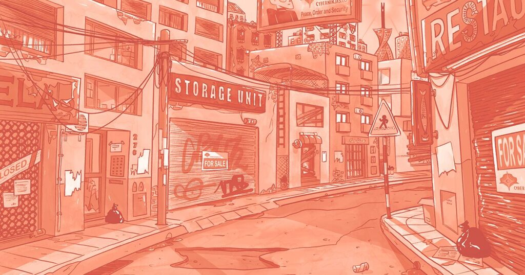A street background with various shops drawn in comic style.