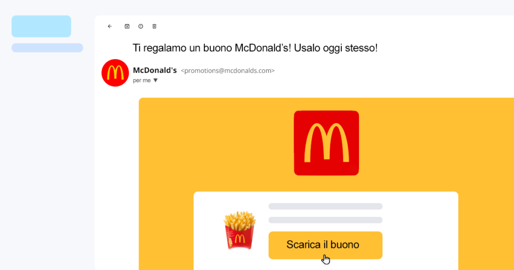Email di simulazione del ransomware con il puntatore del mouse su un pulsante che dice "Download coupon".