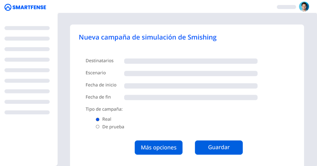 Interfaz de creación de una campaña de simulación de Smishing de prueba en SMARTFENSE