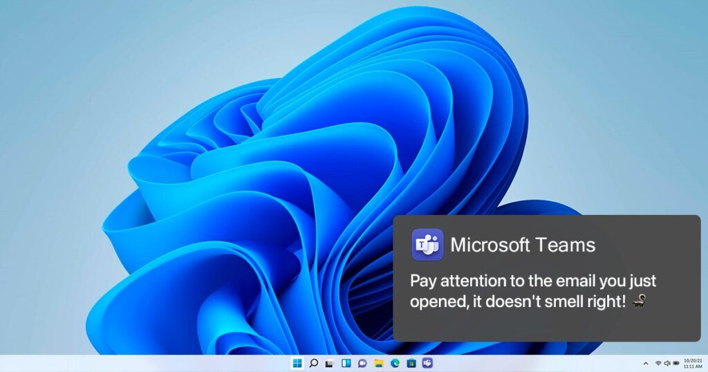 Represents a classic Microsoft Windows desktop and a Teams notification with the following content: