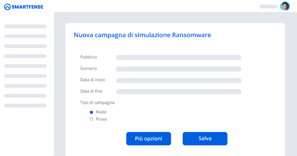 Interfaccia per la creazione di una finta campagna di test Ransomware in SMARTFENSE