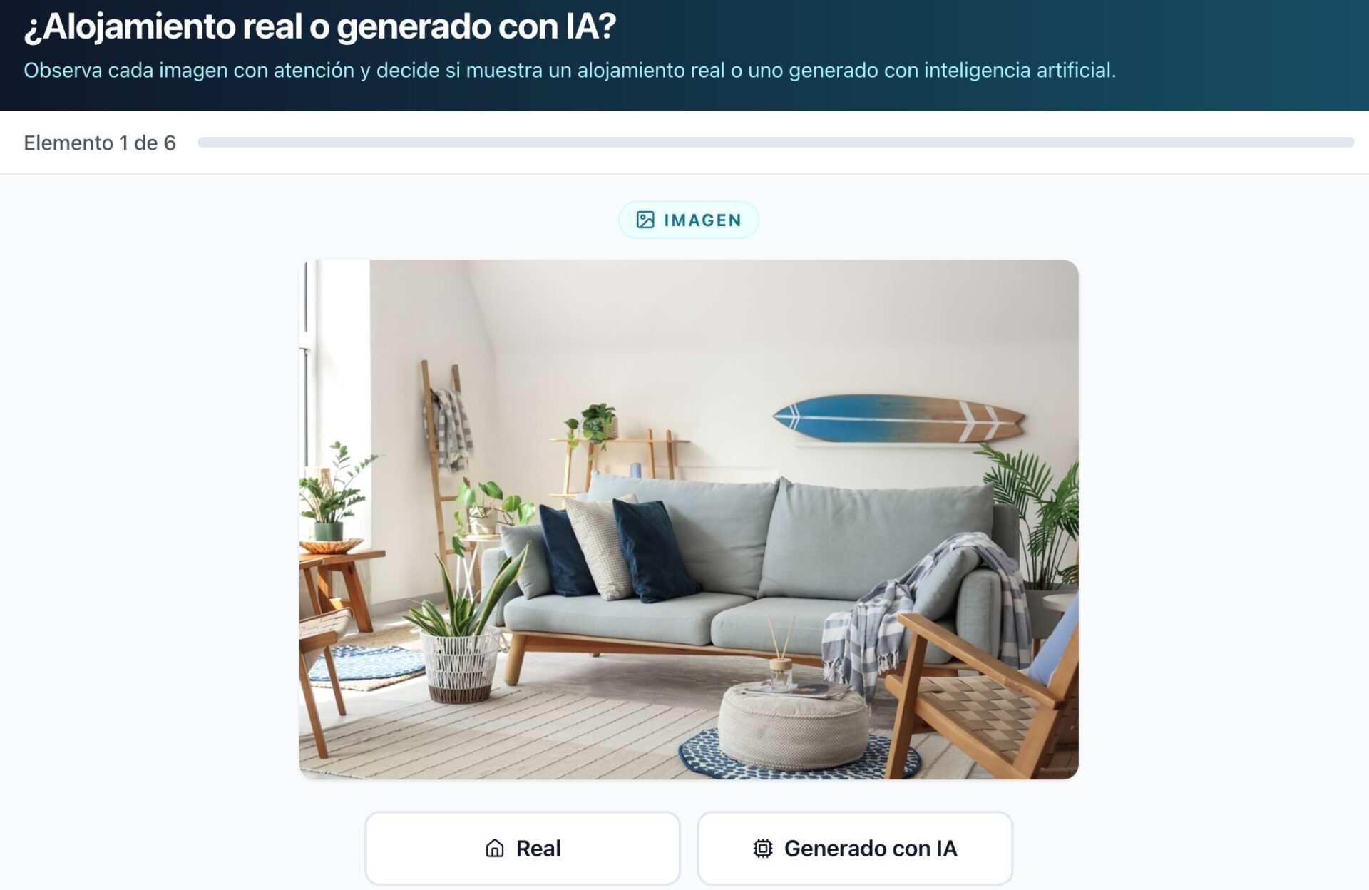 Actividad de verificación de imágenes reales o generadas con IA, con un ejemplo de fotografía de interior y botones para decidir real o generado con IA