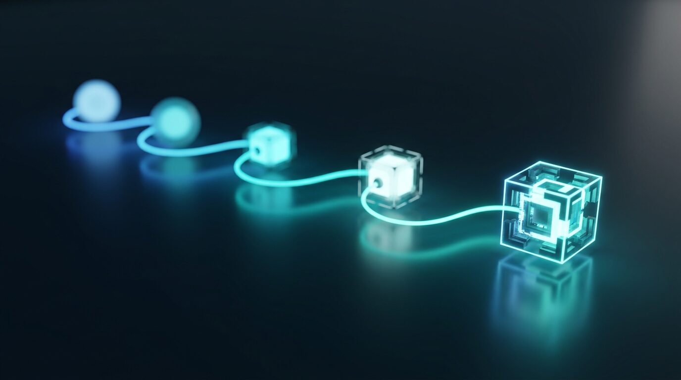 Diagrama de un recorrido en cinco etapas conectadas, desde el alta de un grupo hasta el plan de despliegue, sobre una superficie de trabajo con tonos tecnológicos.
