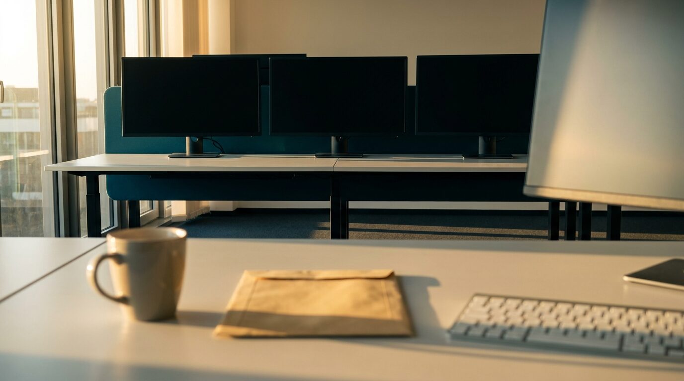 Plano general de una oficina corporativa al final del día con monitores apagados al fondo y, en primer plano desenfocado, un sobre de correo y una taza junto a un teclado en un escritorio vacío