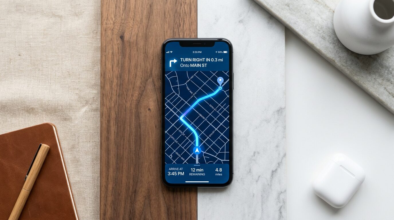 Vista cenital de un teléfono con una app de navegación GPS mostrando una ruta en tiempo real, junto a un cuaderno de cuero, lapicera y auriculares sobre un escritorio claro