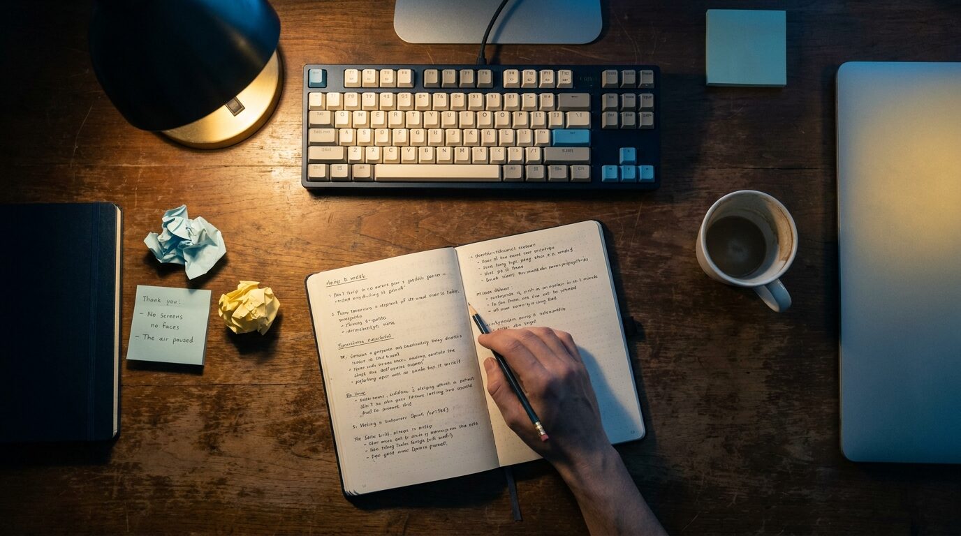 Vista cenital de un escritorio con tazas a medio vaciar, un teclado y una libreta abierta donde una mano sostiene un lápiz sobre una decisión por marcar.
