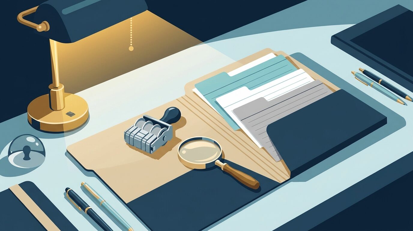 Ilustración editorial de una carpeta de archivo abierta con fichas catalogadas, un sello de fechar y una lupa apoyados sobre el escritorio