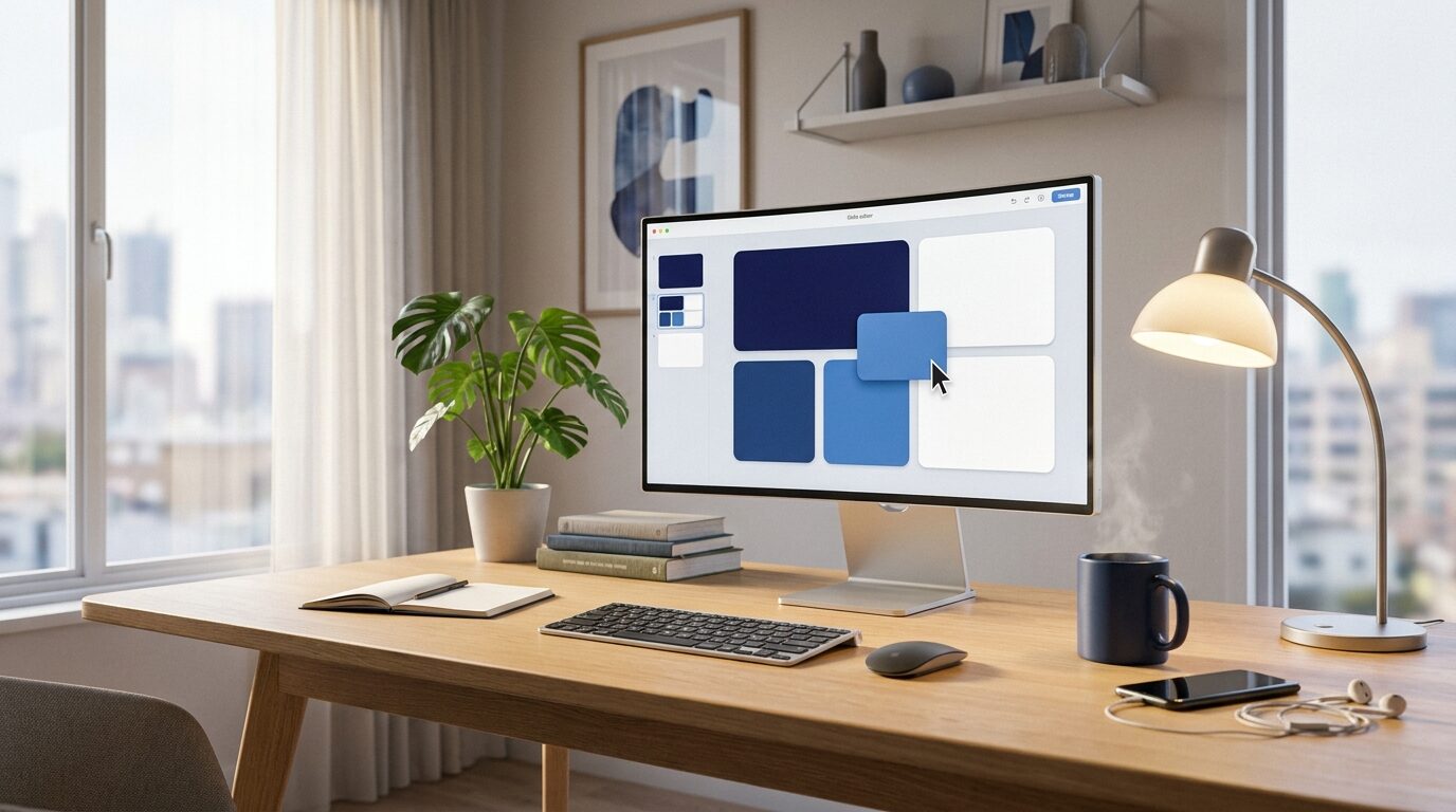Escritorio de trabajo con monitor que muestra un editor visual con bloques modulares en tonos azul navy y celeste sobre una grilla limpia. Ambiente luminoso con planta, taza y lámpara, evocando el armado tranquilo de un módulo interactivo en SMARTFENSE.