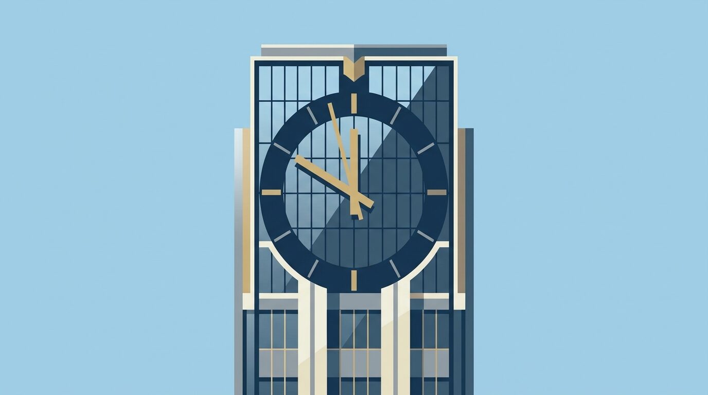 Ilustración editorial plana de una torre institucional sobria cuya fachada insinúa la esfera de un gran reloj, sobre un cielo despejado, sin texto ni figuras humanas, que representa el nuevo marco normativo de ciberseguridad y su plazo de reporte