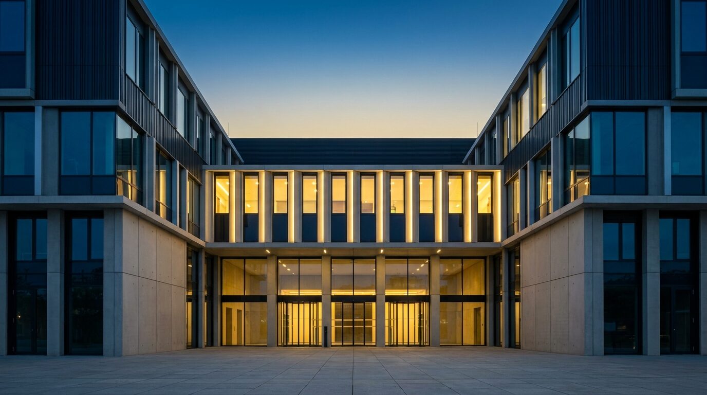 Fachada sobria de un edificio bancario corporativo europeo al atardecer, líneas arquitectónicas geométricas y ventanas iluminadas en secuencia rítmica, sin texto ni figuras humanas identificables