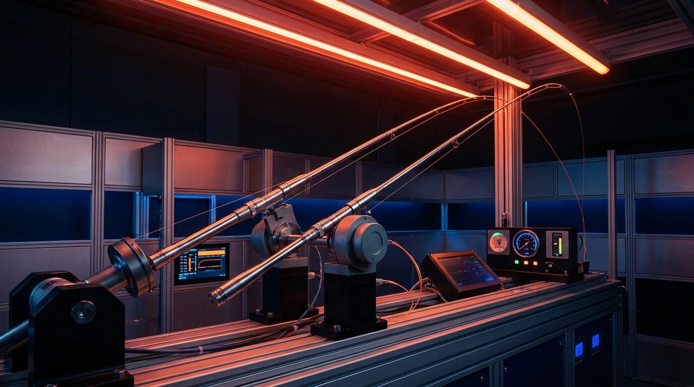 Banco de pruebas industrial con dos cañas de pescar metálicas iluminadas por luz roja, evaluadas con instrumentos de medición sobre fondo oscuro tecnológico