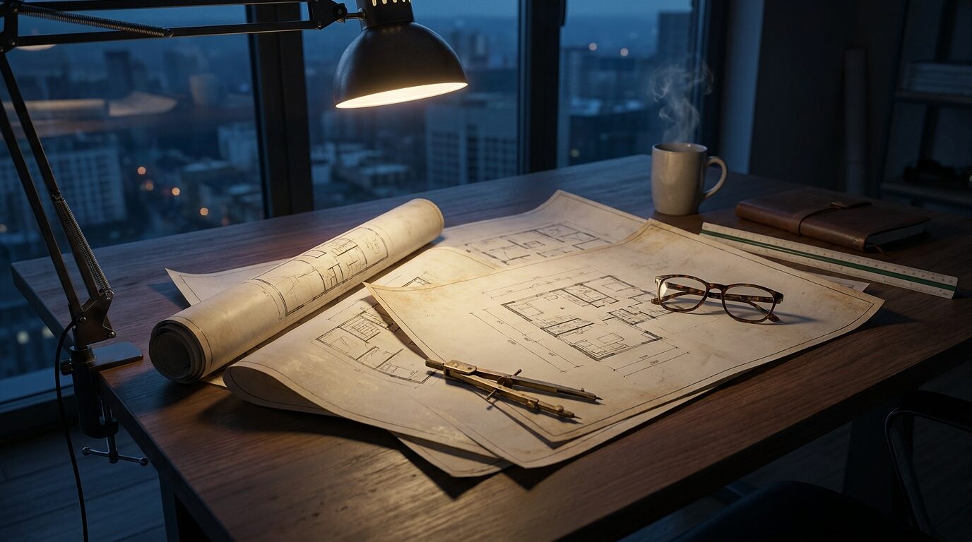 Escritorio de arquitecto con tres planos parcialmente superpuestos, compás de dibujo y lentes sobre los planos, iluminados por una lámpara sobria al atardecer. Analogía de una elección estratégica entre alternativas profesionales.