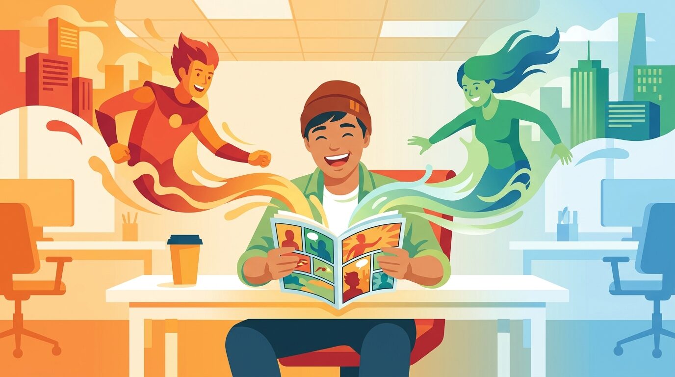 Persona leyendo un cómic en una oficina; los personajes emergen de las viñetas en una transición fluida entre el mundo cotidiano y la escena ilustrada.