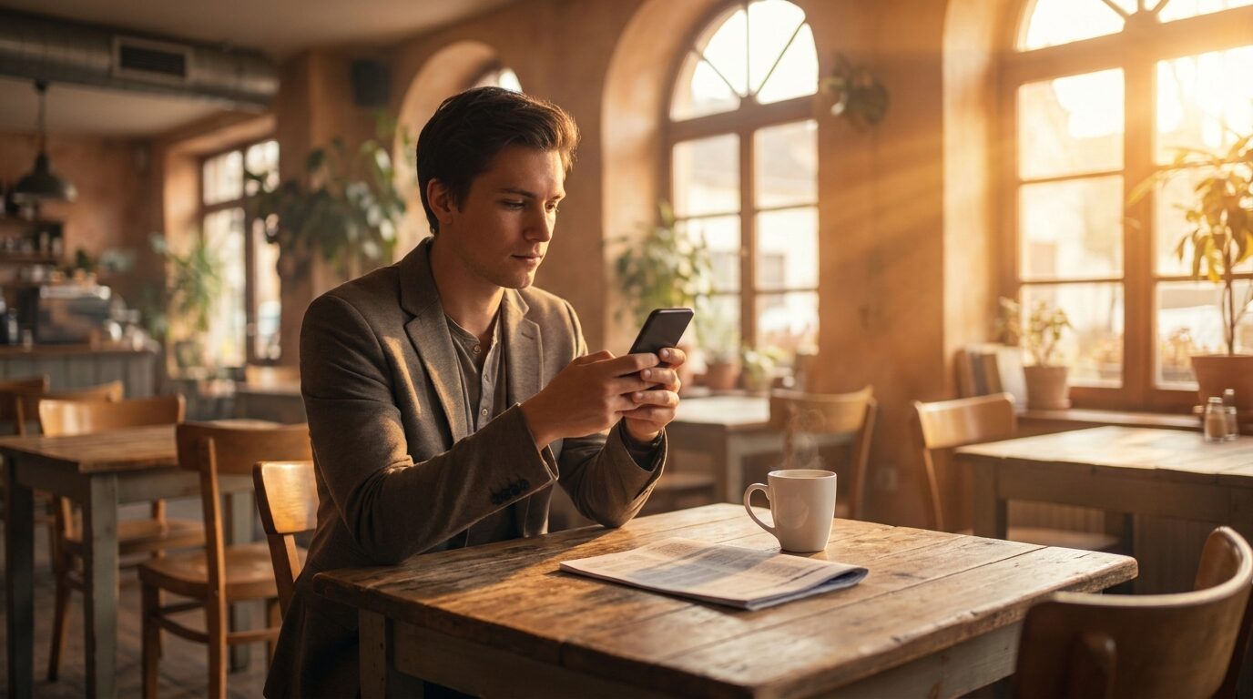 Café de barrio en la mañana temprano. Un colaborador con vestimenta casual de oficina, sentado solo junto a una ventana, concentrado en un smartphone personal sostenido a la altura del pecho mientras una taza de café humea a su lado y una agenda impresa descansa olvidada sobre la mesa de madera