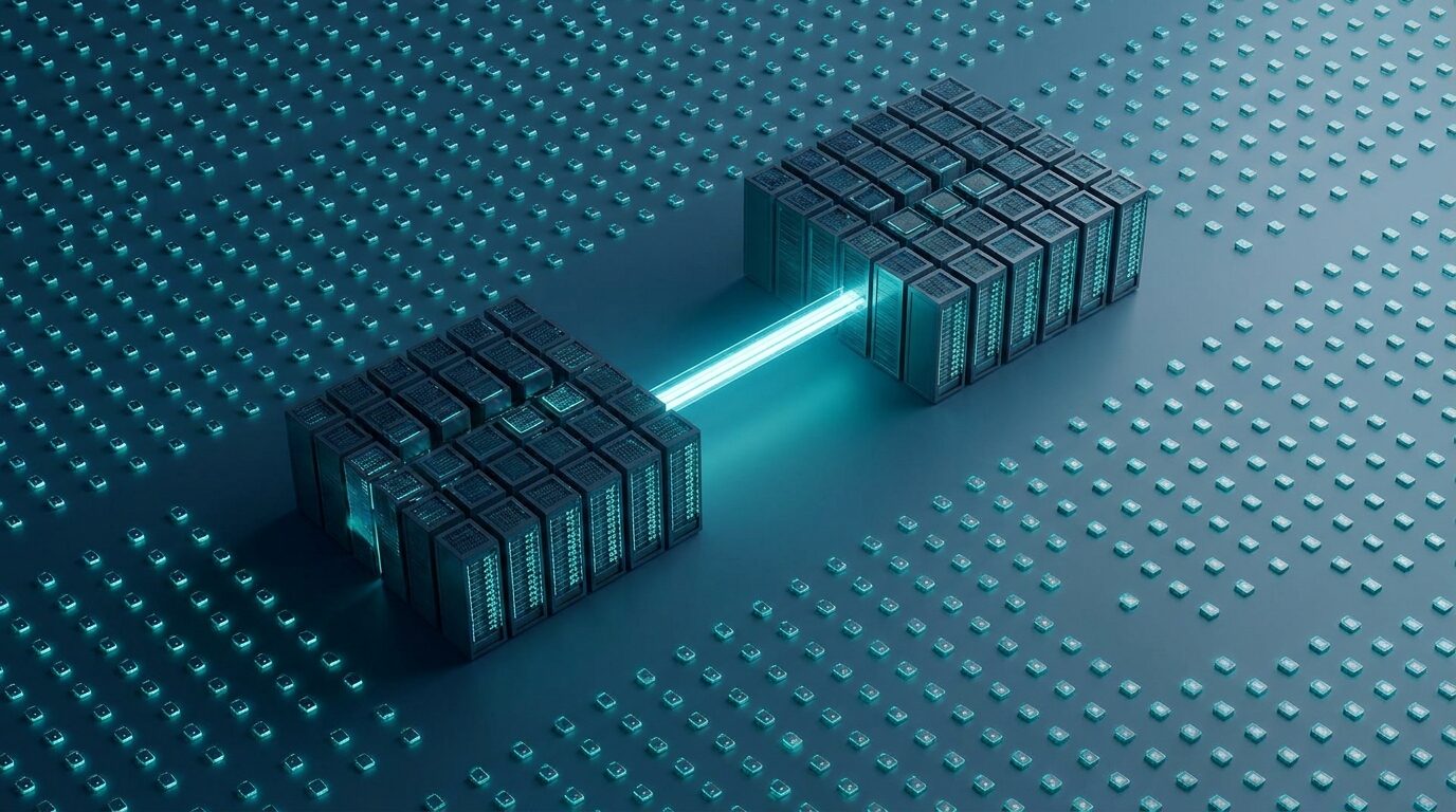 Dos grandes centrales de datos unidas por un único puente de luz, rodeadas de un campo de pequeños equipos que permanecen intactos y sin conexiones encima