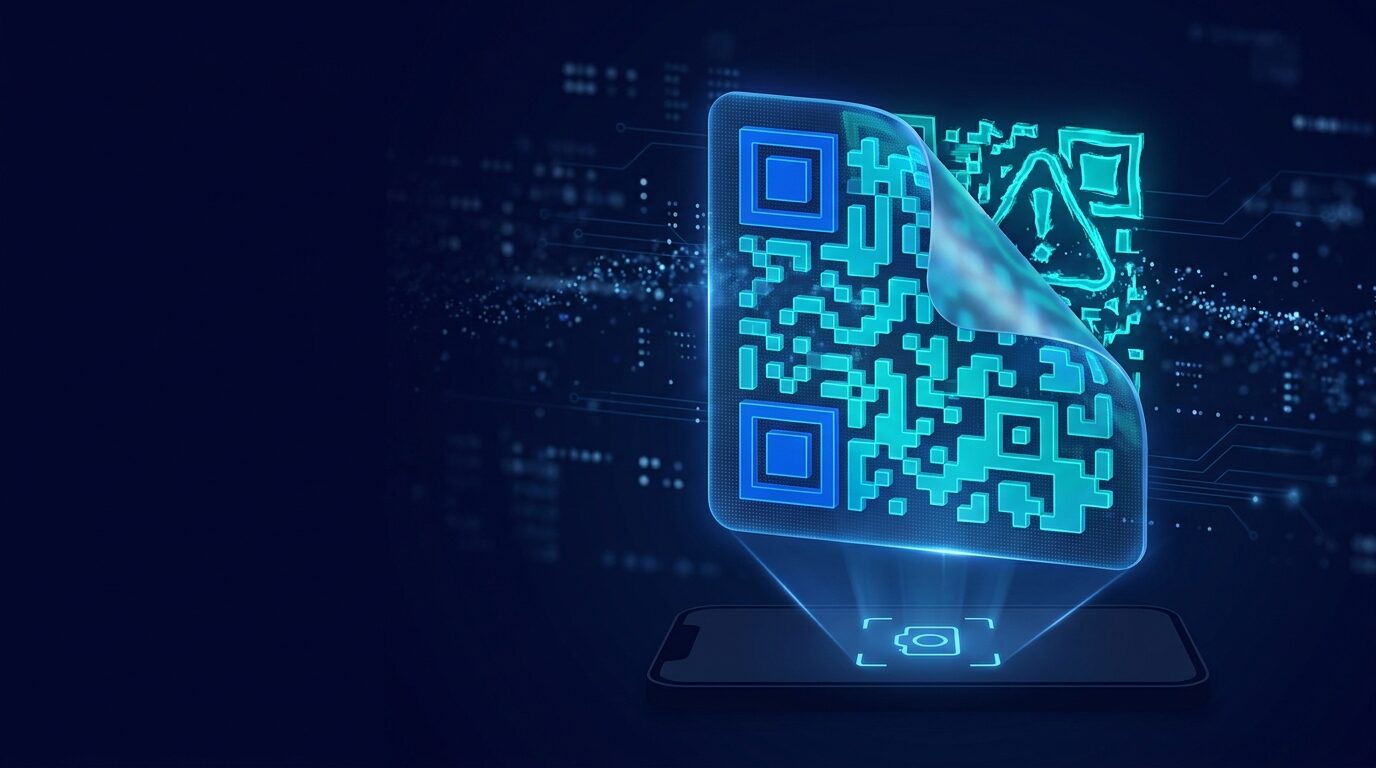 Un código QR luminoso con una esquina despegada que deja ver un patrón de alerta debajo, mientras un teléfono lo escanea desde abajo