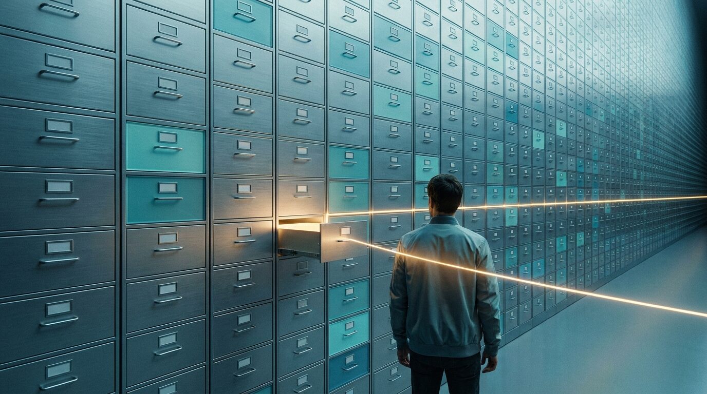 Una persona frente a una enorme pared de cajones de archivo ordenados; un hilo de luz cálida la guía directo hacia el único cajón abierto que brilla, como metáfora de encontrar la respuesta exacta sin abrir un ticket