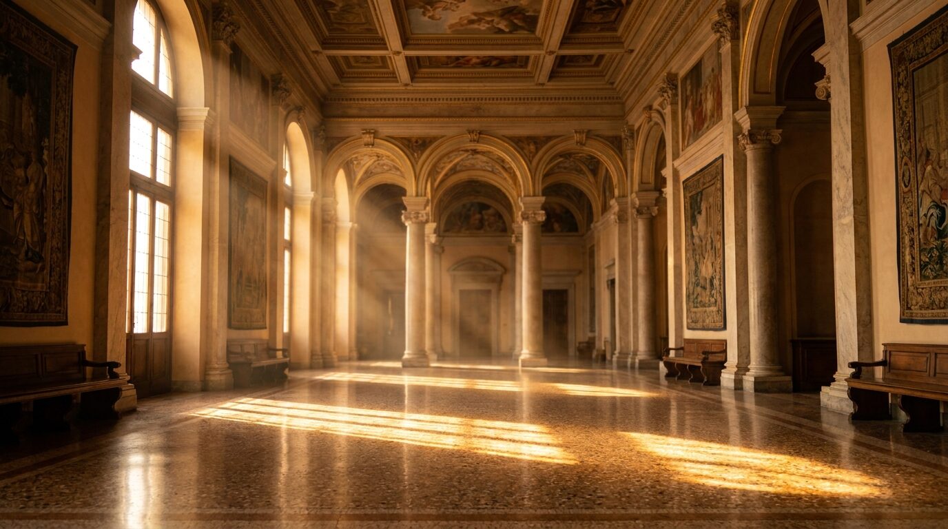 Galleria di un edificio istituzionale classico italiano, con colonne di marmo, archi e soffitti affrescati, attraversata dalla luce dorata del pomeriggio che entra dalle alte finestre, senza persone né testo