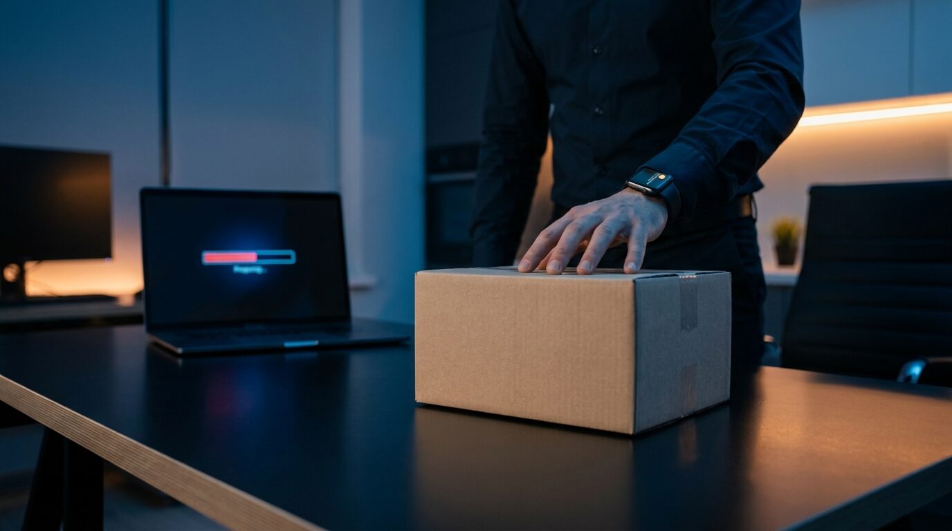 Las manos de una persona sobre un paquete inesperado en un escritorio de oficina, como metáfora de la decisión de abrir un archivo recibido