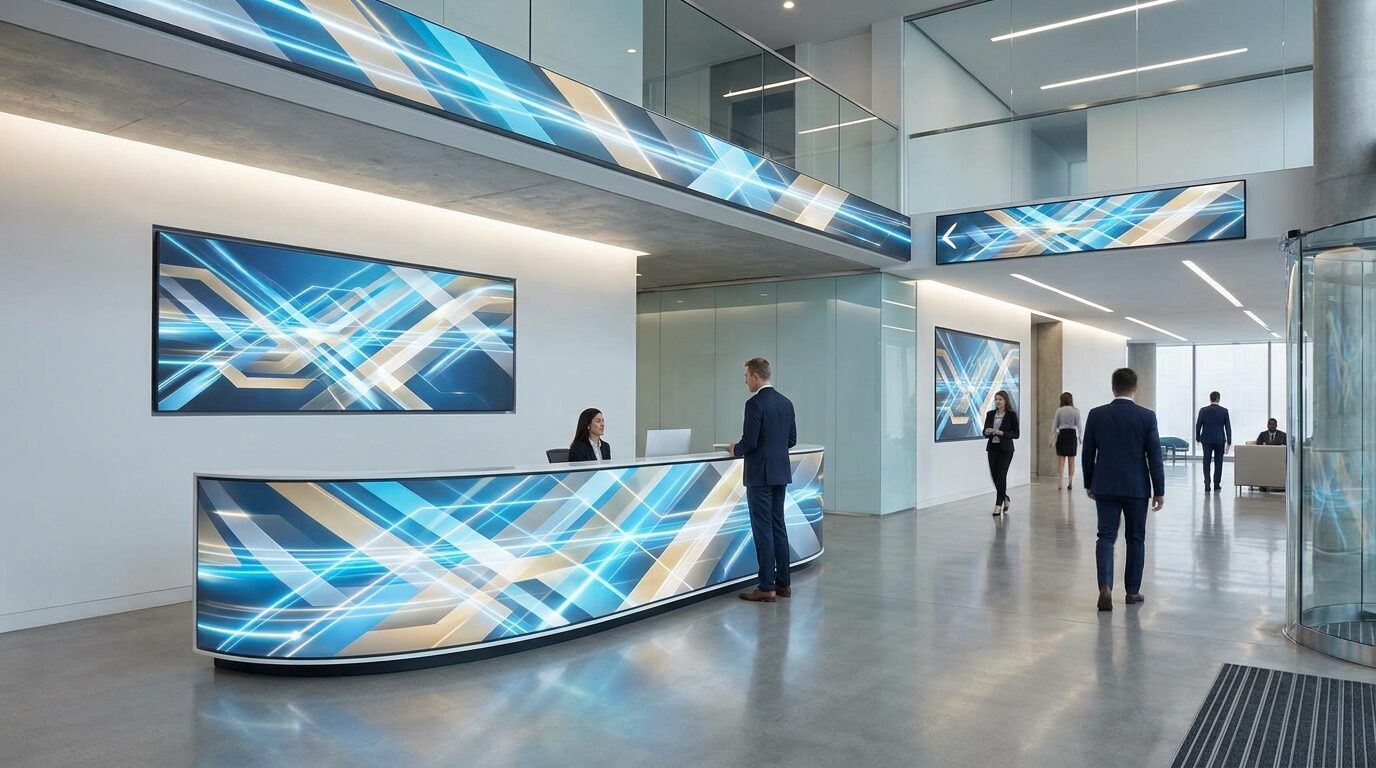 Recepción corporativa donde toda la señalética, pantallas y cartelería comparten una única identidad gráfica, como metáfora de una plataforma que se viste por completo con la marca de quien la ofrece.