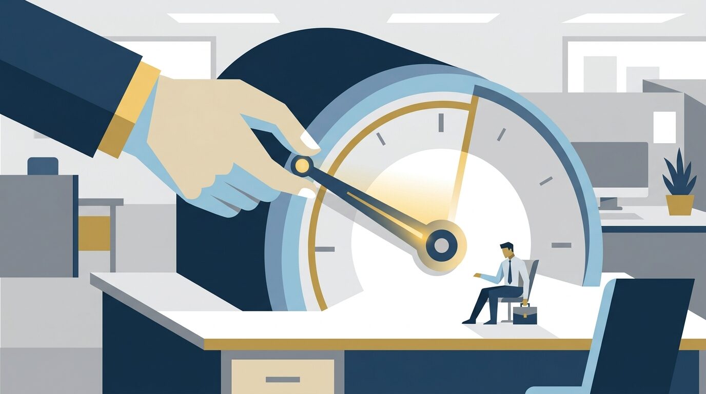 Ilustración de un gran dial de medición en una oficina con la aguja apuntando a un empleado, mientras una mano la detiene antes del límite marcado