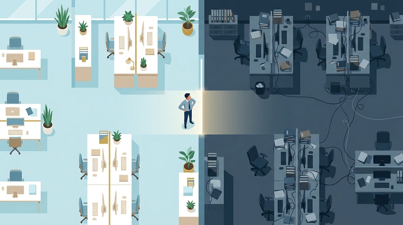 Ilustración editorial vista desde arriba de un plano de oficina dividido en dos zonas de distinto tono, con una figura de pie en el umbral que las separa