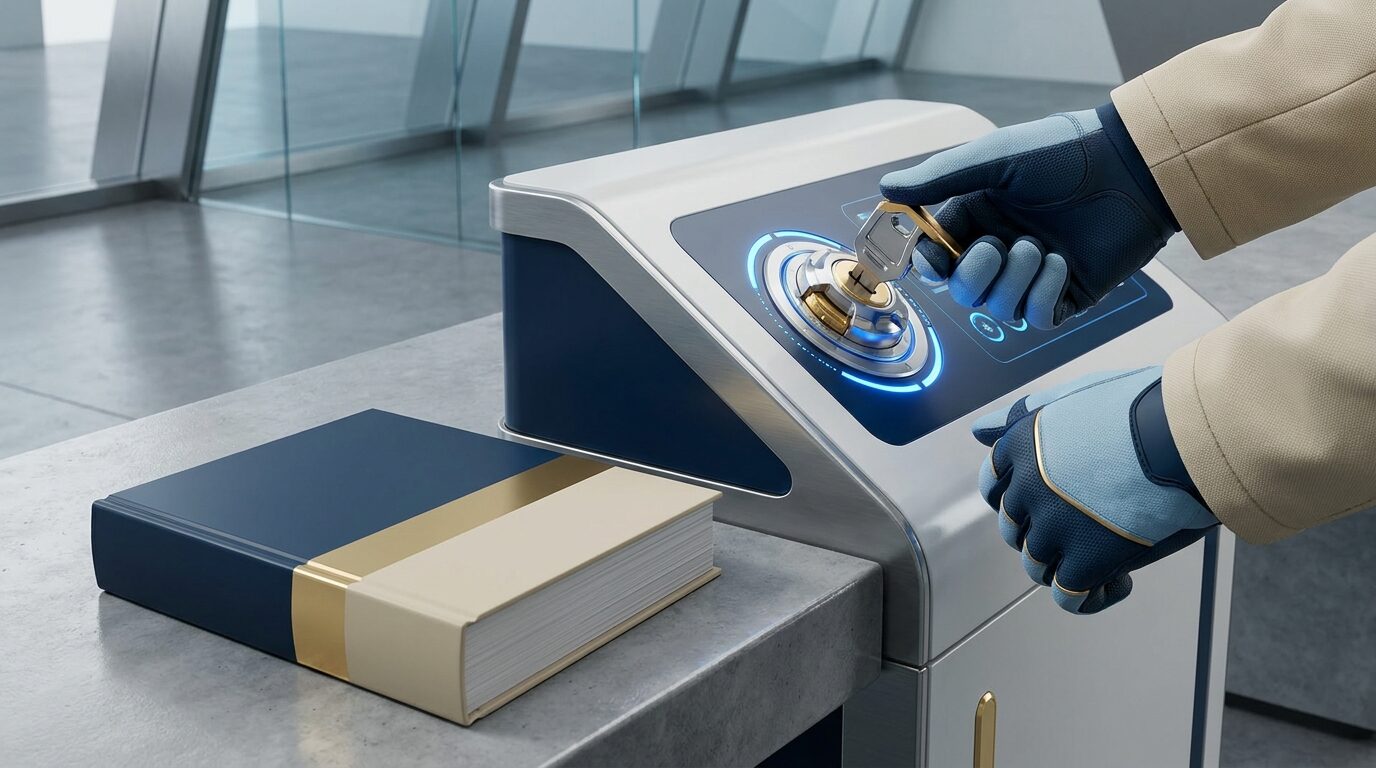 Duas mãos rodam a chave de ignição de uma máquina industrial num salão de exposição para a ouvir a funcionar, com o catálogo do fabricante fechado ao lado.