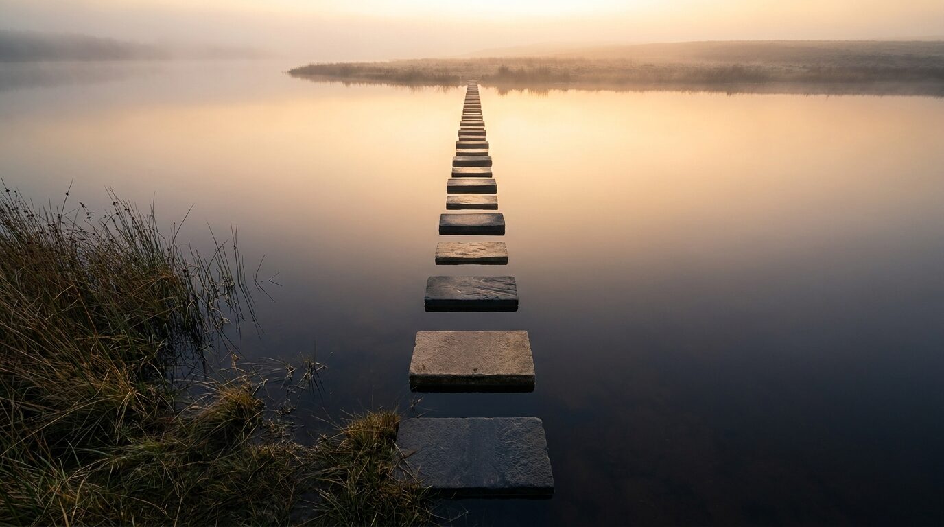 Fotografía al amanecer de un sendero de piedras separadas y espaciadas que cruza un agua en calma hacia una orilla luminosa entre la niebla, formando un camino continuo.