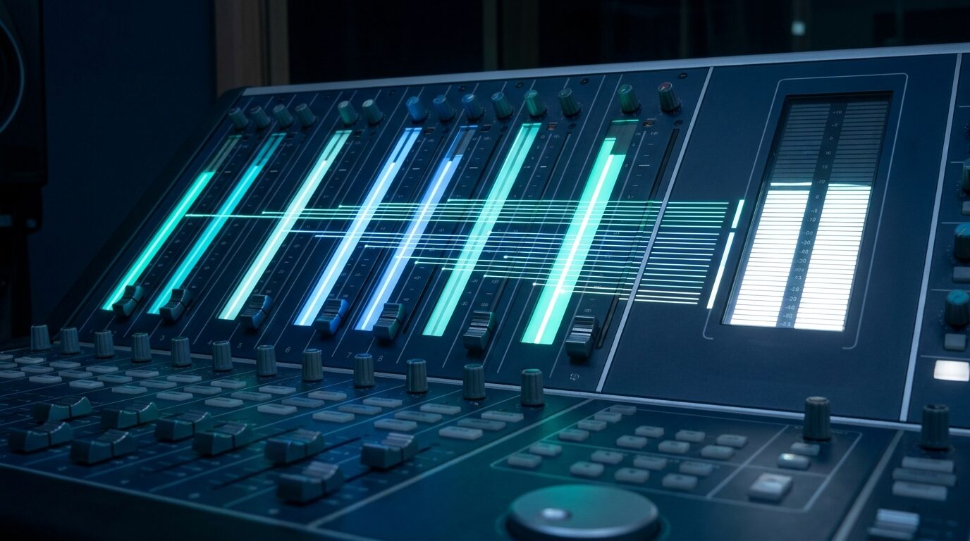 Consola de mezcla de audio donde cada canal iluminado representa una fuente de datos distinta que converge en un único medidor maestro