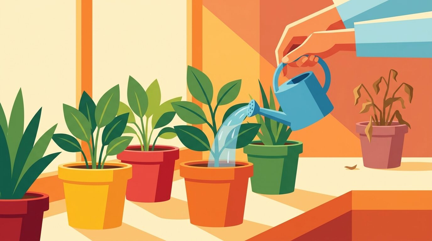 Ilustración flat cálida de unas manos regando una hilera de plantas jóvenes y sanas sobre escritorios de oficina, con una maceta marchita y olvidada a un costado