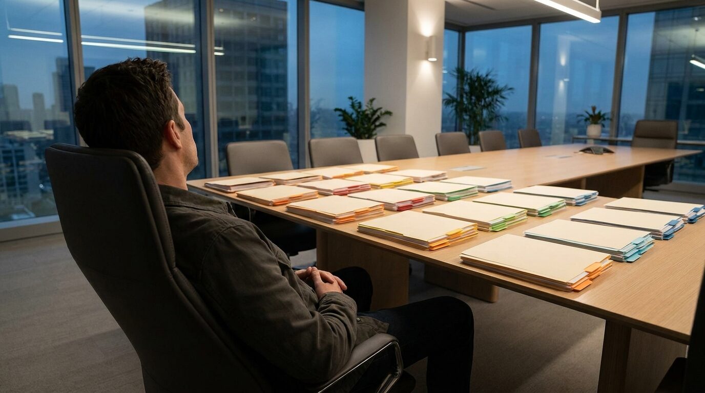 Una persona recostada con calma en su silla observa cómo, sobre una mesa larga iluminada por luz cálida, carpetas y documentos se ordenan solos en filas perfectas