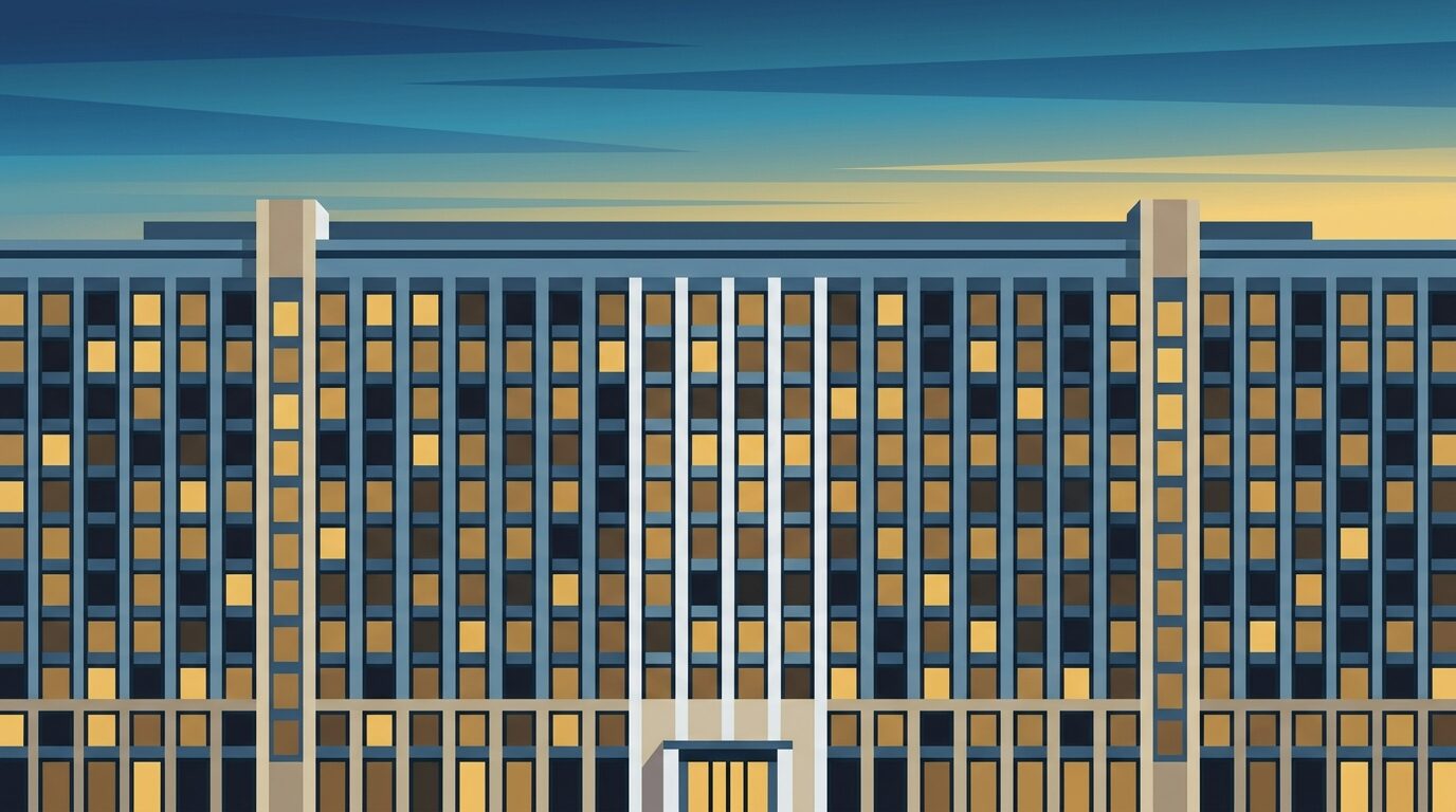 Edificio institucional de administración pública al atardecer, con hileras de ventanas iluminadas de forma desigual, que sugiere una organización donde no todas las áreas mantienen el mismo nivel de atención