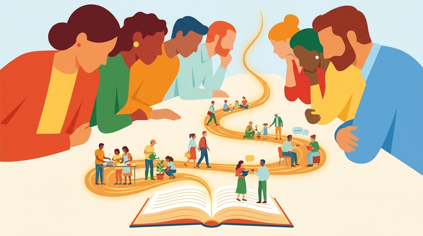 Ilustración editorial de personas absortas siguiendo un hilo luminoso que sale de un libro abierto, como metáfora de la atención que capta un relato