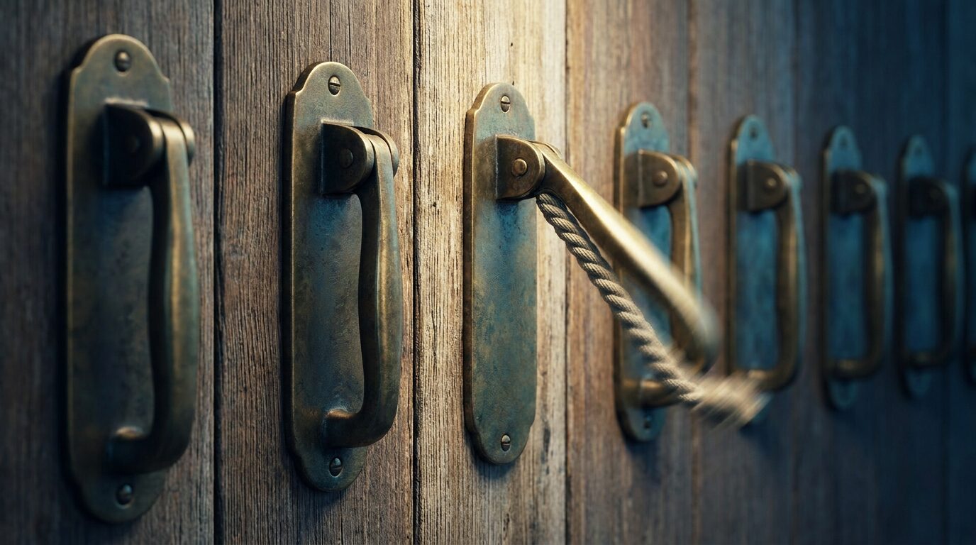 Fila de tiradores de campana de bronce idénticos sobre una pared de madera envejecida, con uno de ellos accionado y su cuerda vibrando en movimiento