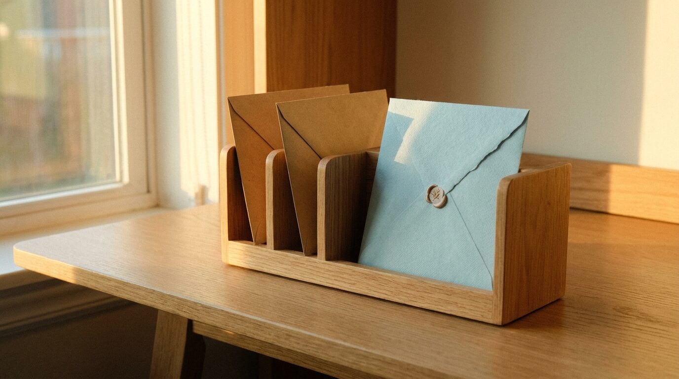 Bodegón cálido de un organizador de madera con tres sobres, dos de papel kraft iguales y uno distinto, azul con un sello, que resalta de los otros dos.