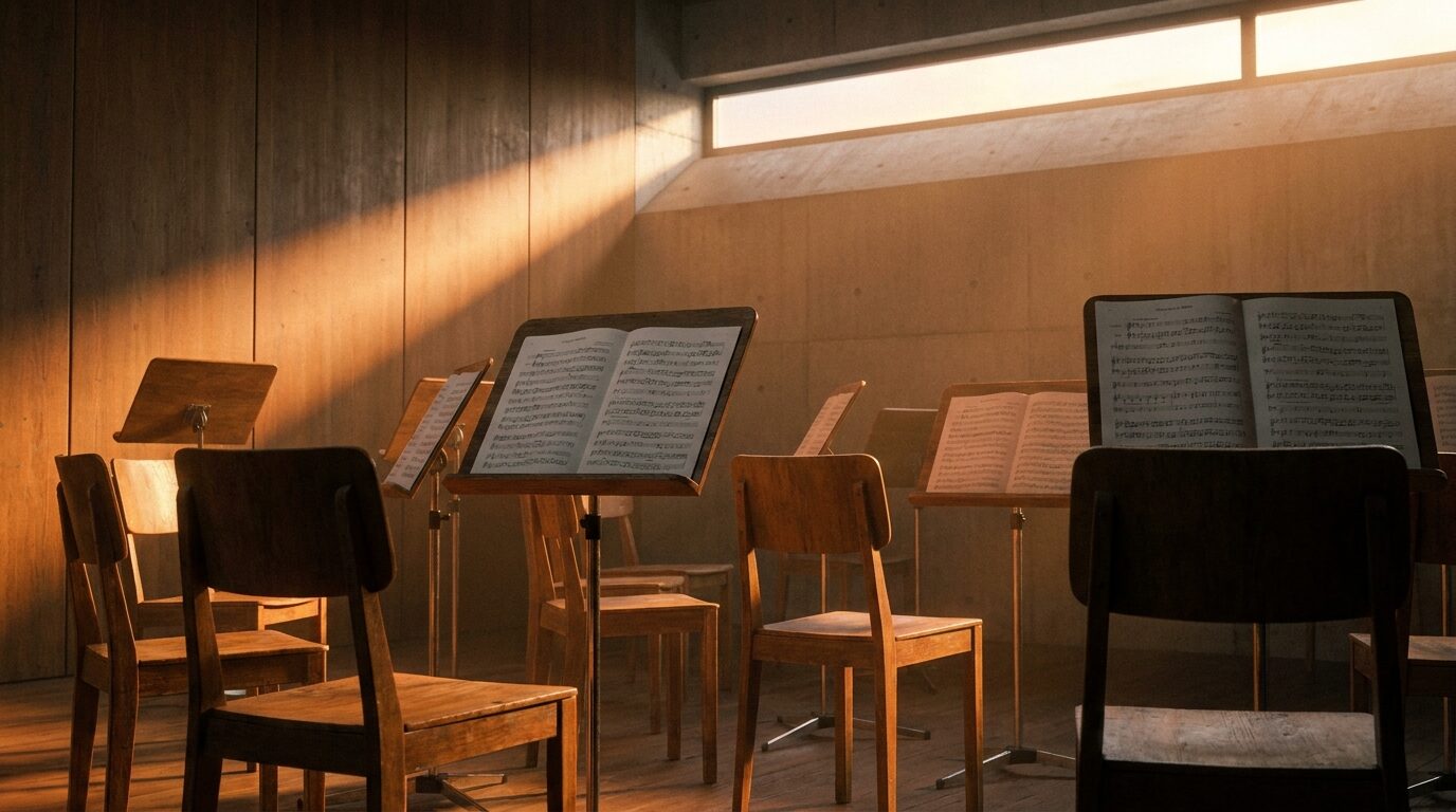 Sala de ensayo con las partituras abiertas sobre todos los atriles y las sillas vacías, atravesada por un haz de luz cálida que entra por una ventana alta