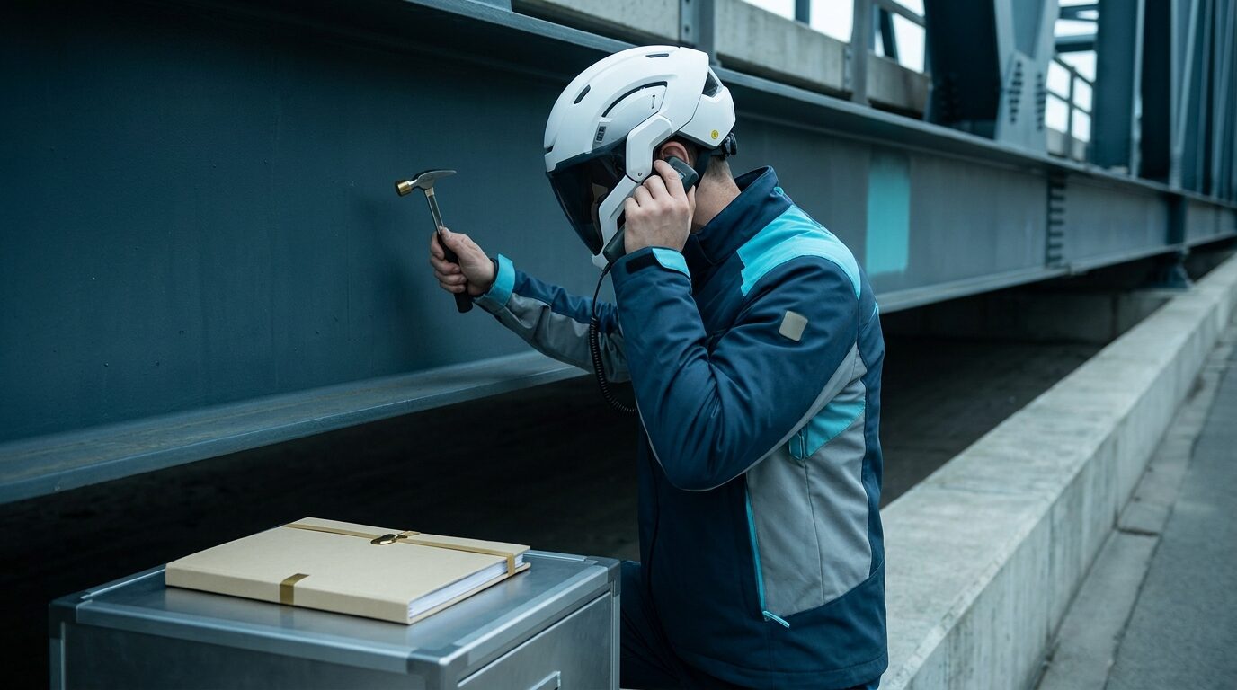 Un inspector con casco golpea con un martillo una viga de acero de un puente y acerca el oído para escuchar el sonido del metal, mientras la carpeta de certificados descansa cerrada sobre una caja, como metáfora de verificar en lugar de leer lo declarado.