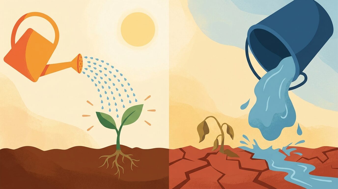 Ilustración flat cálida de una regadera que deja caer gotas pequeñas y regulares sobre una planta que crece, en contraste con un balde volcado de golpe sobre tierra seca al costado