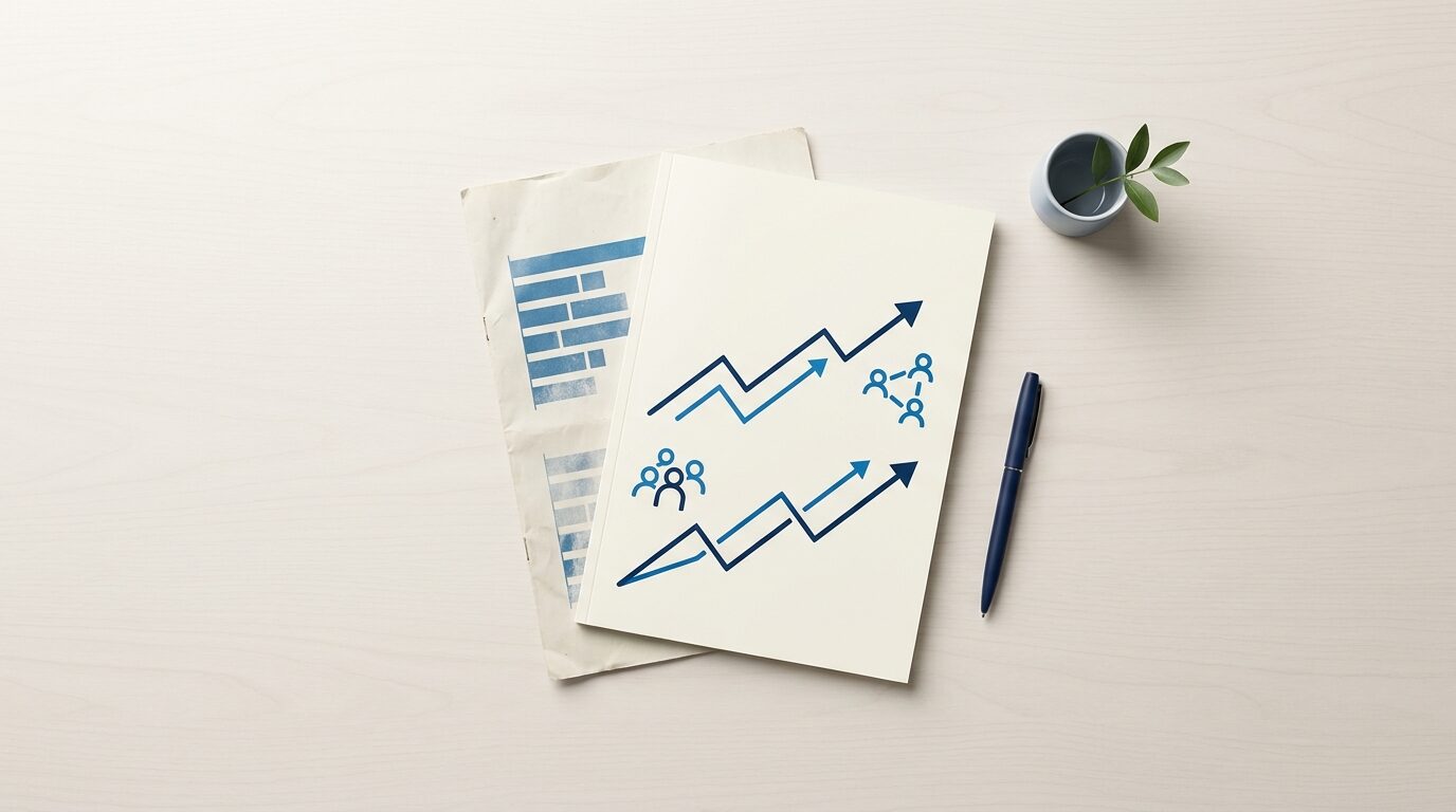 Vista aérea de un escritorio con dos reportes superpuestos: el tradicional de horas de capacitación debajo y encima el moderno con métricas de comportamiento y líneas de tendencia positiva