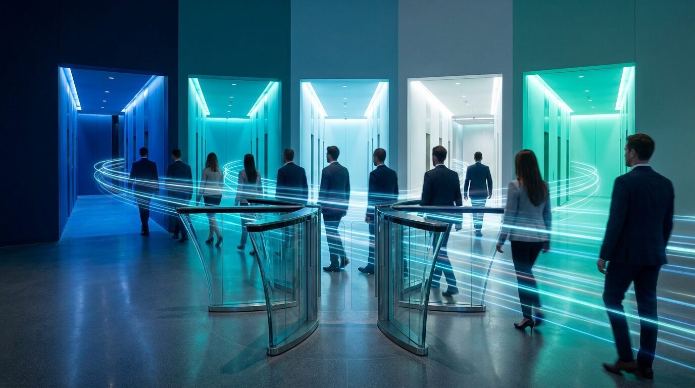 Una única puerta-torniquete de cristal en un lobby corporativo por la que fluye una corriente de profesionales hacia varios corredores luminosos, como metáfora de un solo acceso que abre muchos sistemas.