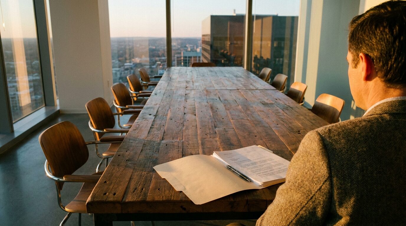 Una mesa de reunión con una sola silla ocupada frente a varias vacías, y sobre la madera una carpeta abierta iluminada por una luz cálida lateral