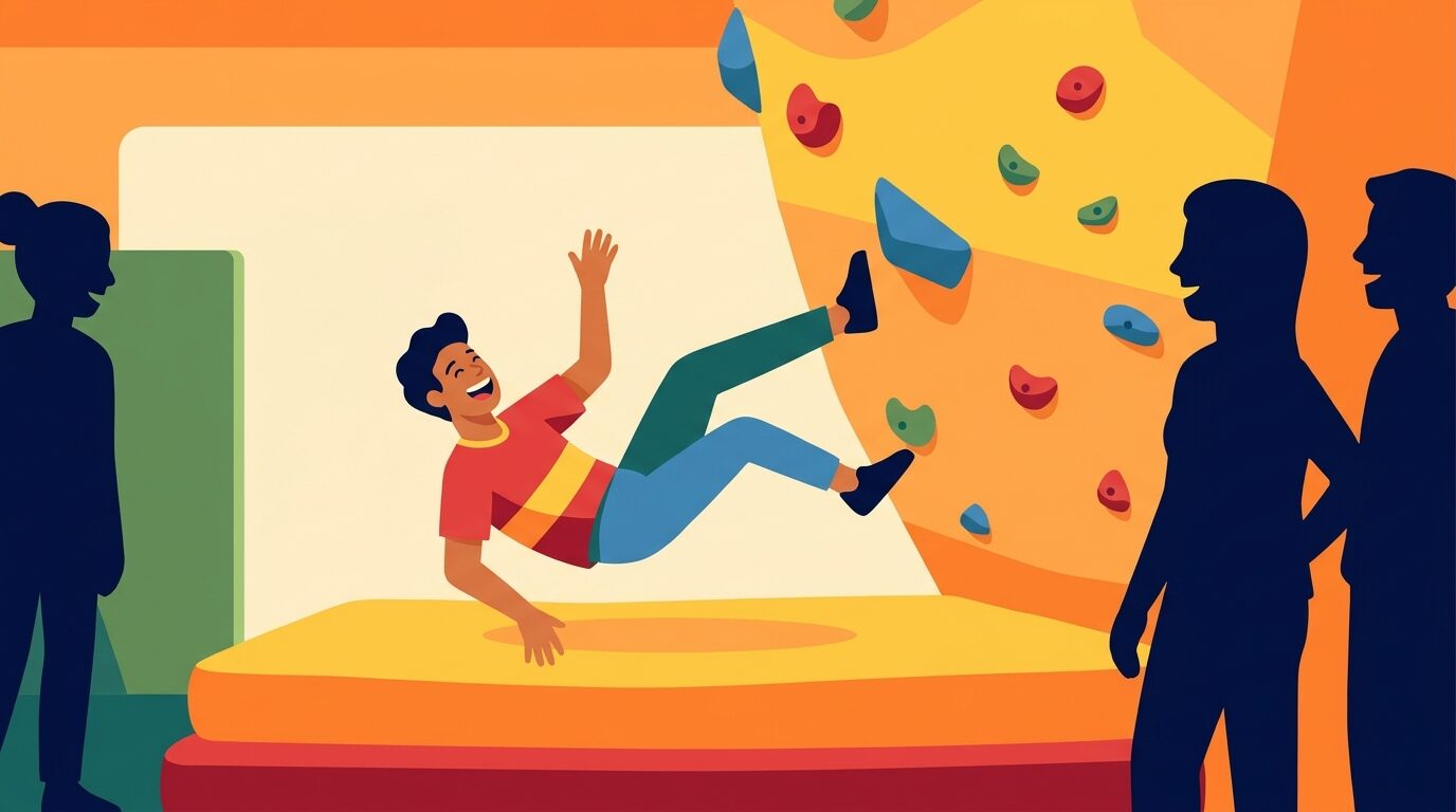 Ilustración flat cálida de una persona que resbala escalando un pequeño muro de boulder y cae relajada sobre una colchoneta mullida, ilesa y lista para volver a intentar la ruta