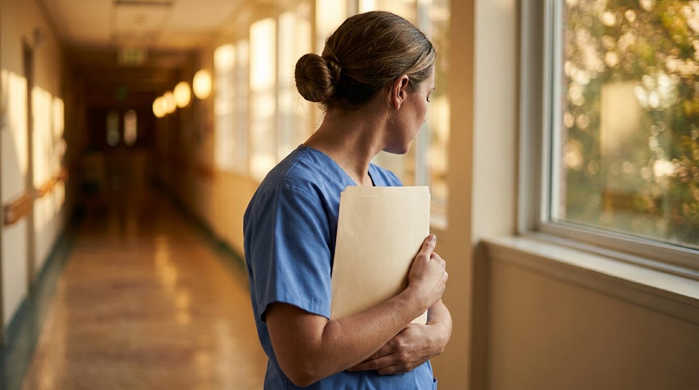 Profesional sanitario revisando un historial en una tablet en un pasillo de hospital, con luz cálida que transmite cuidado y responsabilidad sobre la información del paciente