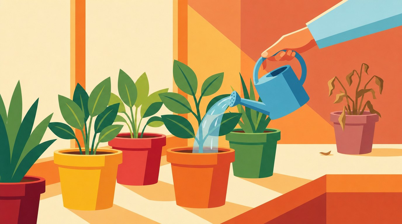Alguien riega cinco plantas sanas con una regadera mientras una sexta, marchita, queda fuera del alcance del agua