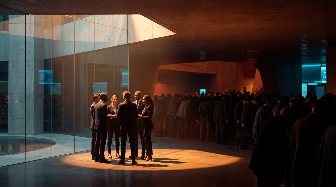 Un grupo pequeño de personas conversa iluminado por una luz cálida en el frente de un hall corporativo, mientras detrás una multitud mucho mayor se extiende en penumbra apenas visible
