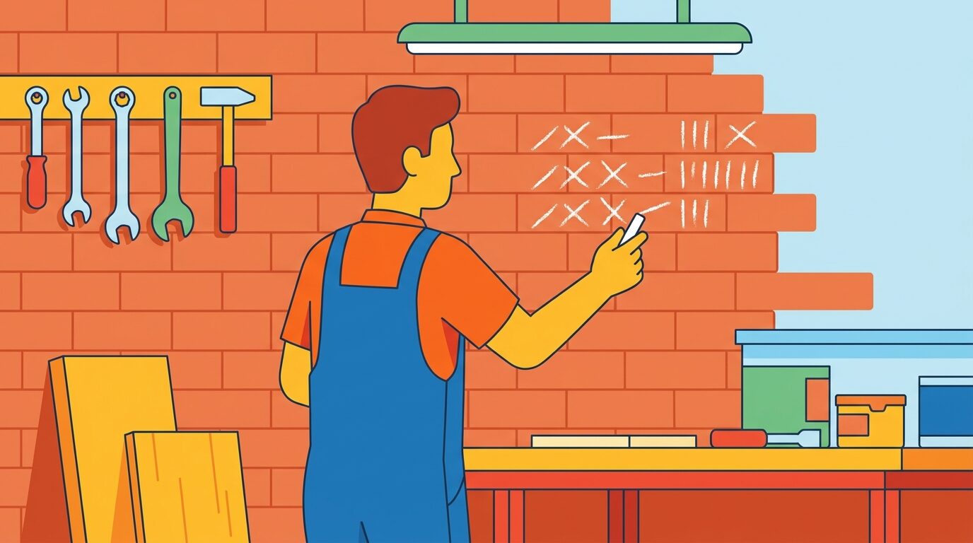 Illustrazione di una persona in tuta da lavoro che conta segni di gesso tracciati a mano sul muro di un'officina, senza alcun cruscotto elettronico in vista