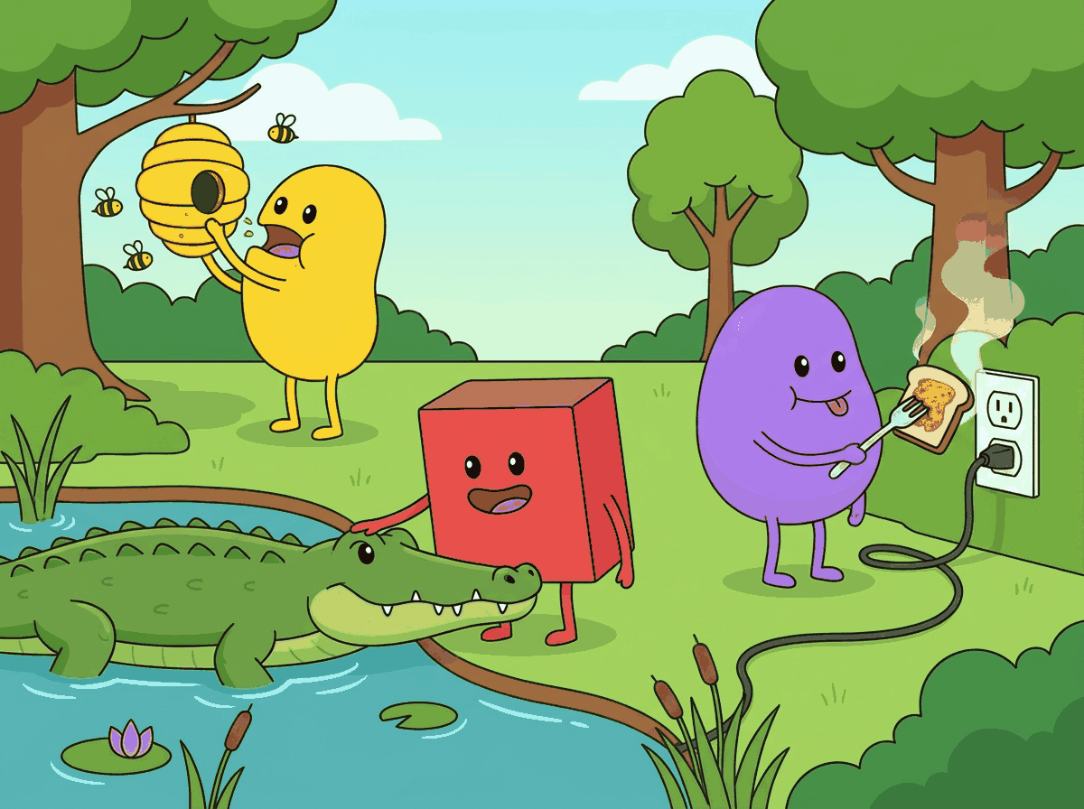 Illustrazione di un parco in cui le stesse creature ripetono le loro imprudenze in un altro scenario: una mangia da un alveare circondato di api, una accarezza un coccodrillo e una avvicina una fetta di pane con una forchetta a una presa di corrente