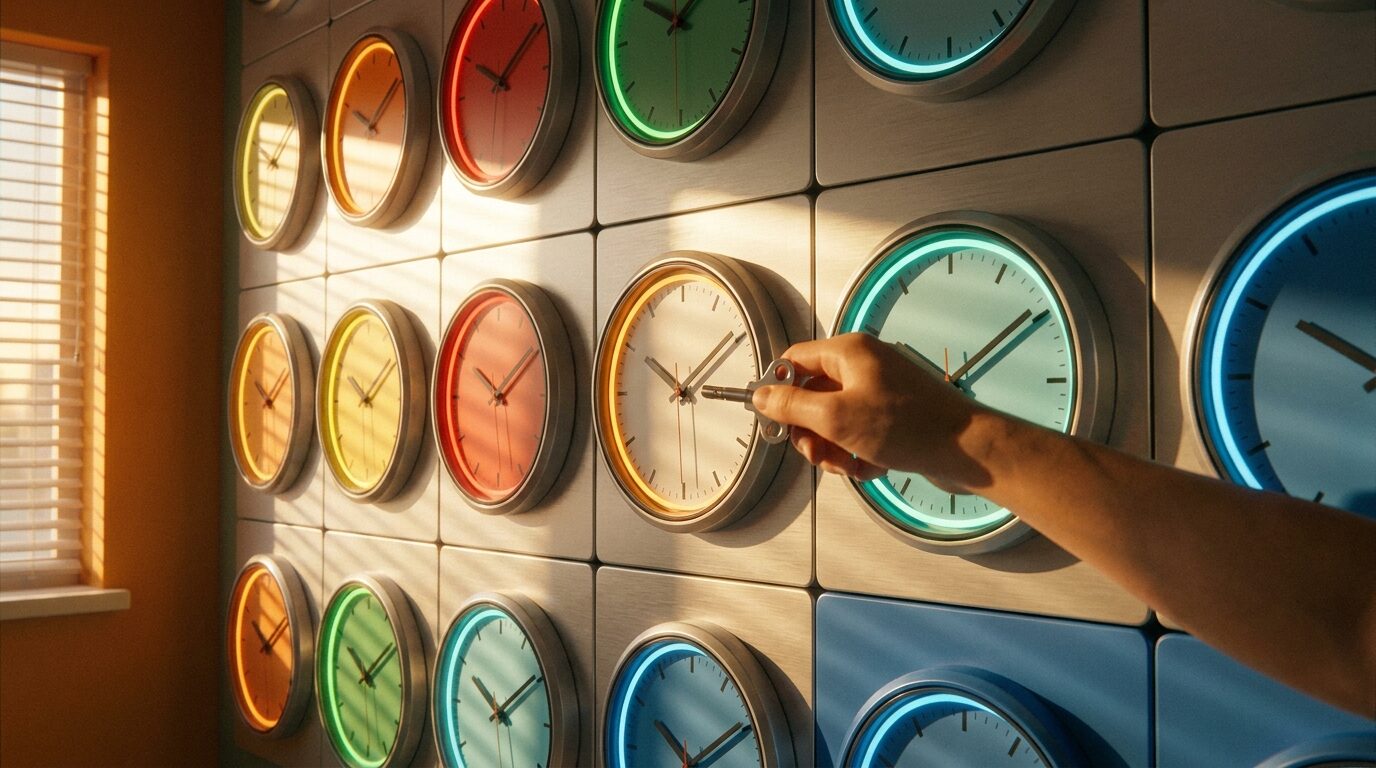 Una pared cubierta de relojes de colores, cada uno marcando una hora distinta, mientras una mano da cuerda con una llave al único que se había detenido, bajo la luz cálida de la tarde que entra por la ventana