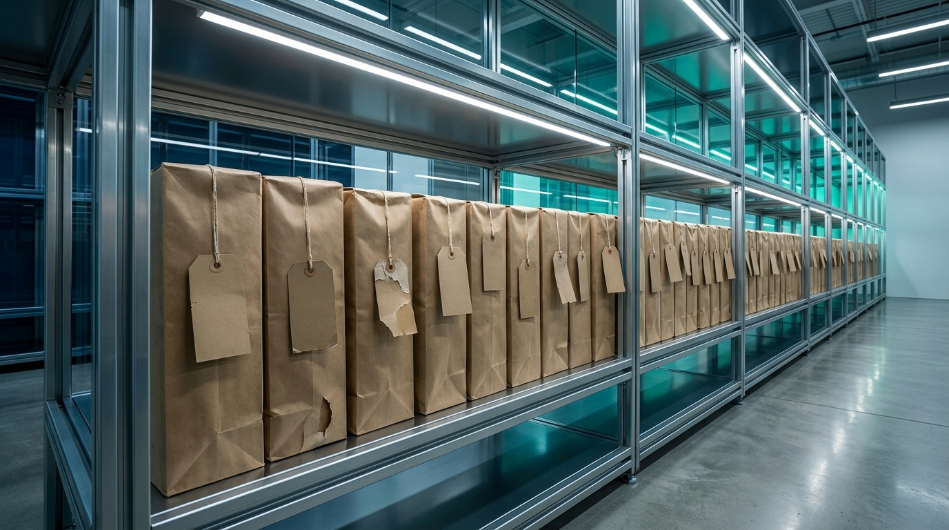 Hilera de bultos de papel kraft alineados sobre estantes metálicos en un depósito iluminado, cada uno con una etiqueta de cartón en blanco colgando de un hilo y con distinto grado de desgaste.